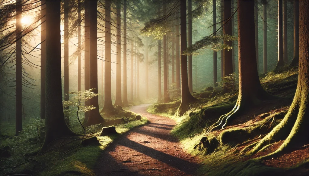 A peaceful forest path with soft sunlight filtering through tall trees. The winding trail leads deeper into nature, symbolizing mindful walking and present-moment awareness.