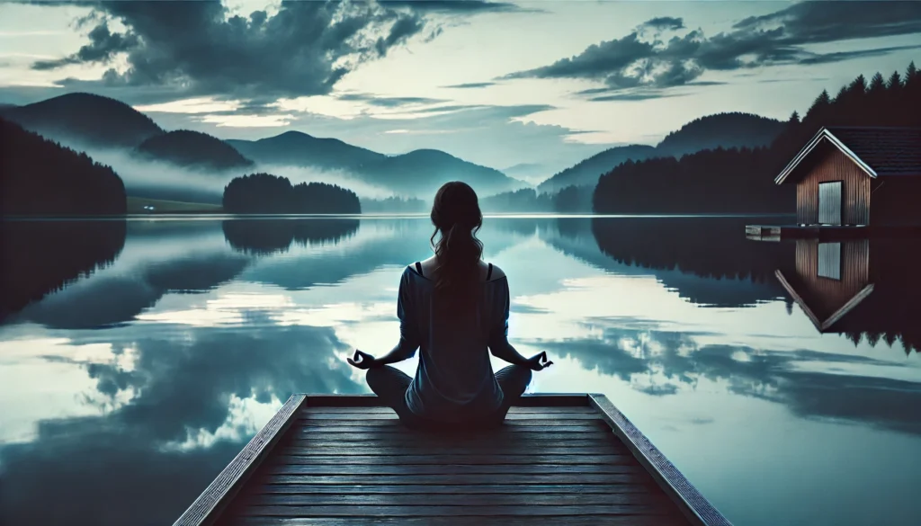 A tranquil scene of a woman practicing deep breathing exercises by a calm lake, sitting on a wooden dock. The still water reflects the sky, emphasizing mindfulness and relaxation.