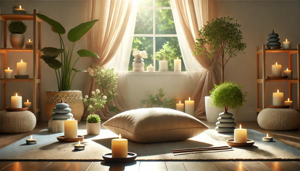 A tranquil indoor meditation setup featuring a cushion on a soft rug, glowing candles, and small potted plants. Soft sunlight streams through sheer curtains, creating an inviting atmosphere for meditation and life transformation.