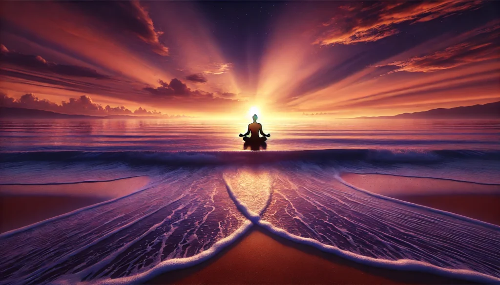 A calm beach scene at dusk with a person meditating cross-legged on the sand, facing the horizon where the sky transitions from orange to purple. Gentle waves lap against the shore, emphasizing peace and transformation through meditation.