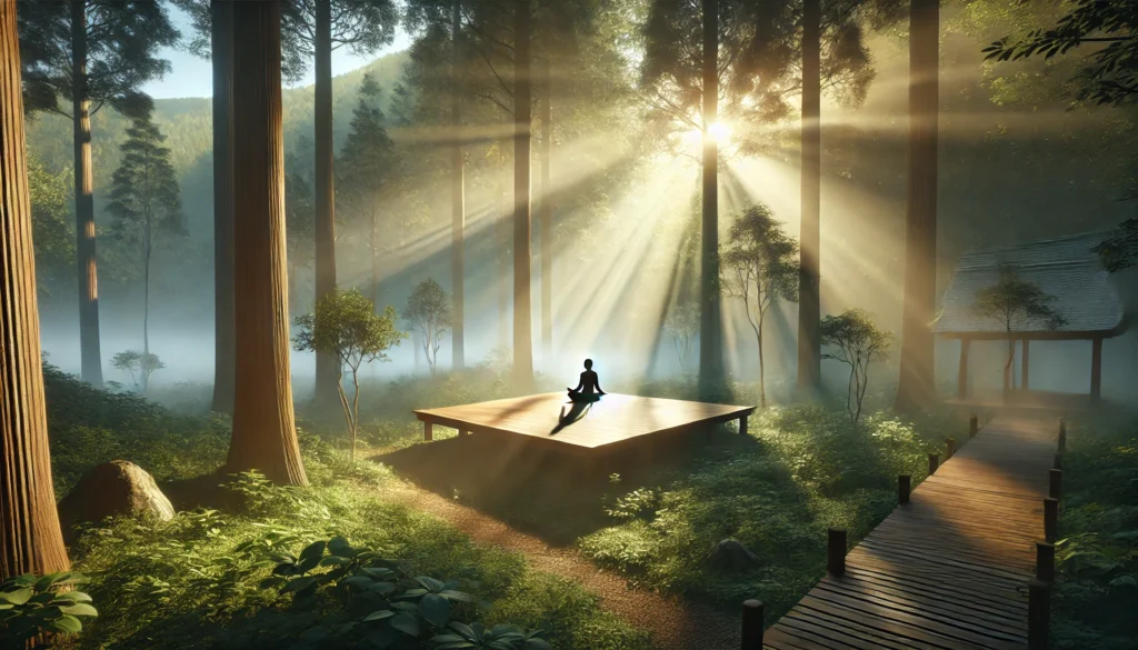 A forest clearing with a wooden meditation platform surrounded by tall trees and morning mist. A person sits cross-legged, meditating as soft sunlight filters through the canopy, conveying renewal and peace through meditation practices.