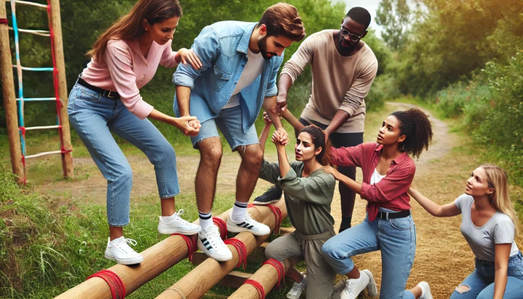 A group of diverse friends supporting each other in a team-building exercise outdoors. They help one another climb an obstacle course, symbolizing resilience, teamwork, and encouragement in managing stress.