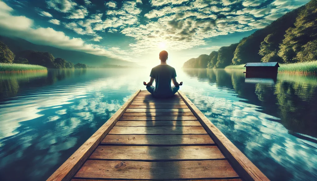 A person sitting calmly on a wooden dock by a peaceful lake, meditating. The reflection of the sky in the still water represents inner peace, emotional resilience, and stress relief.