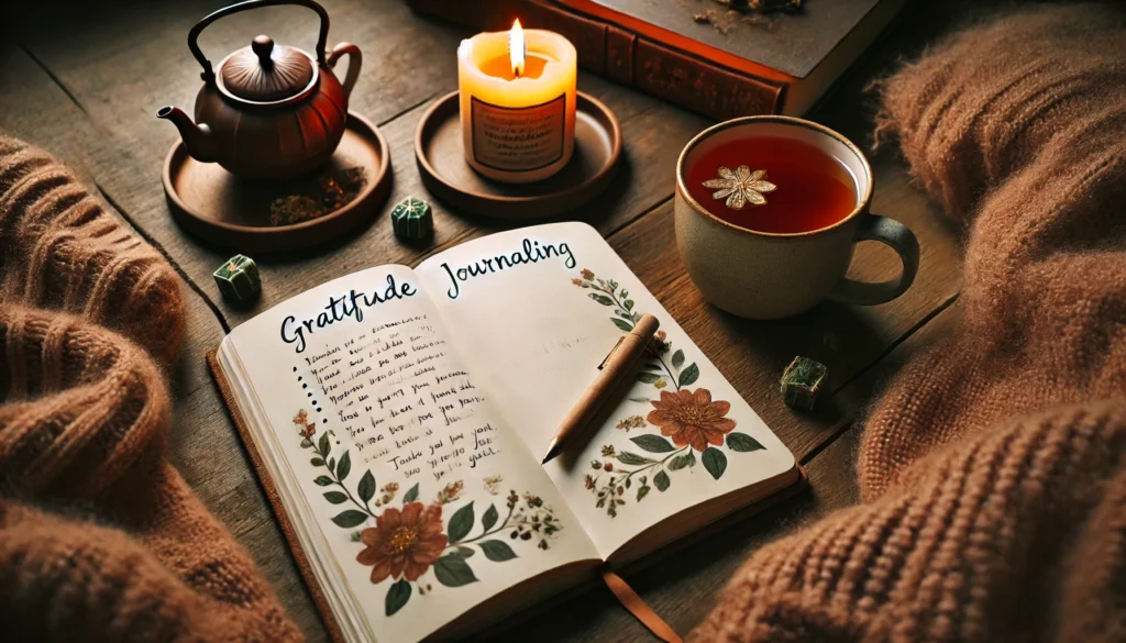 A journal lying open on a cozy desk with a cup of herbal tea and a lit candle nearby. The warm setting highlights gratitude journaling as a strategy for resilience and stress management.