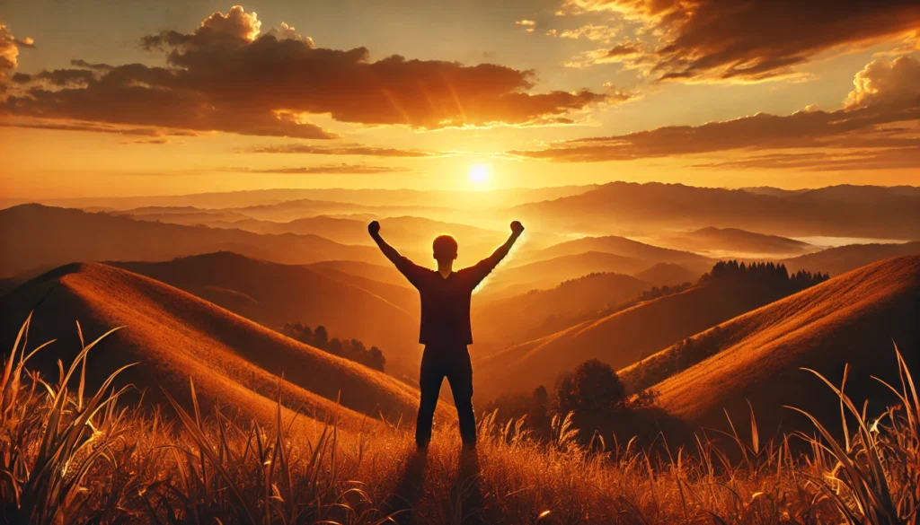 A person standing on a hilltop during sunset with arms raised in triumph, overlooking rolling hills bathed in golden light, symbolizing personal victory, renewal, and overcoming low motivation.