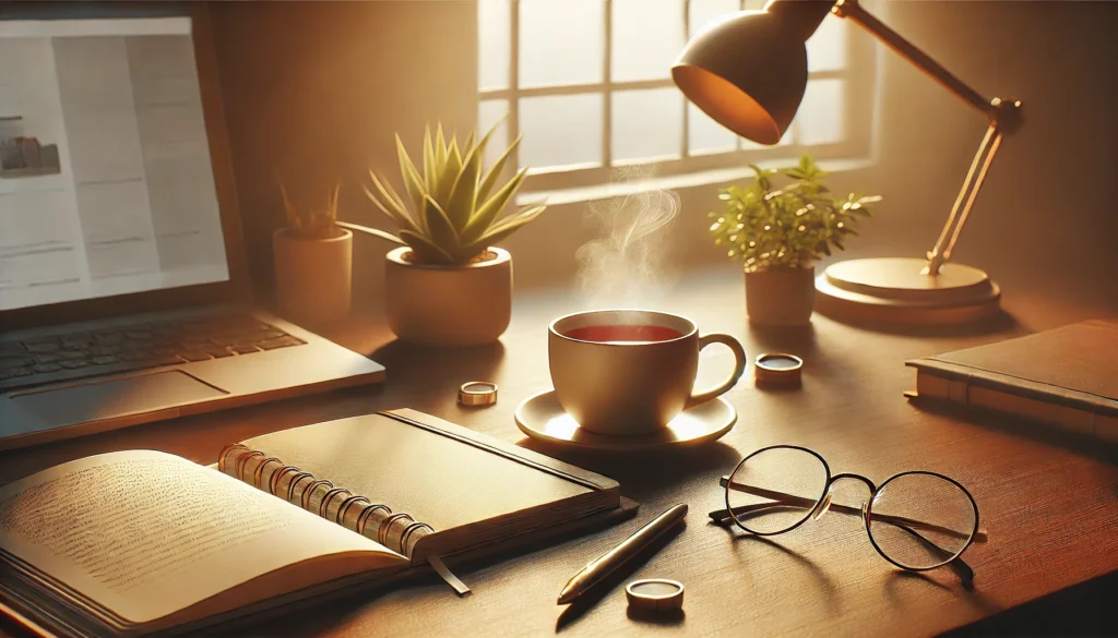 A cozy desk setup featuring an open notebook, a pair of glasses, a steaming cup of tea, and a small potted plant. Warm light from a desk lamp creates a serene and focused atmosphere, ideal for improving organization and attention span.