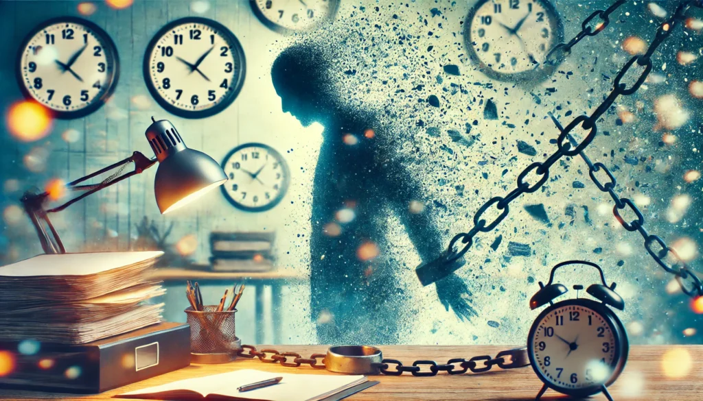 An abstract visual representation of work exhaustion and health deterioration, featuring a silhouette of a person dissolving into particles while chained to a desk. The chaotic background of clocks and paperwork symbolizes stress and overwork.