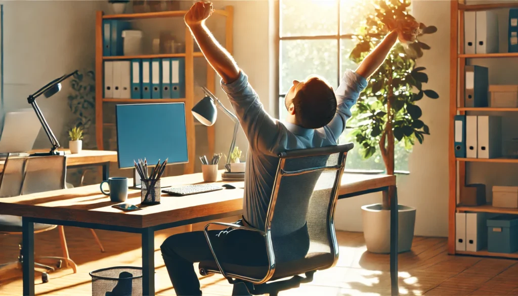 An office worker practicing desk yoga, stretching their arms above their head with a relaxed expression, symbolizing stress relief and overcoming workplace burnout.