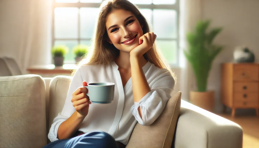 A relaxed office worker enjoying a mindful coffee break in a bright and cozy lounge area, with a peaceful smile and a cup of tea, symbolizing workplace balance and recovery from burnout.