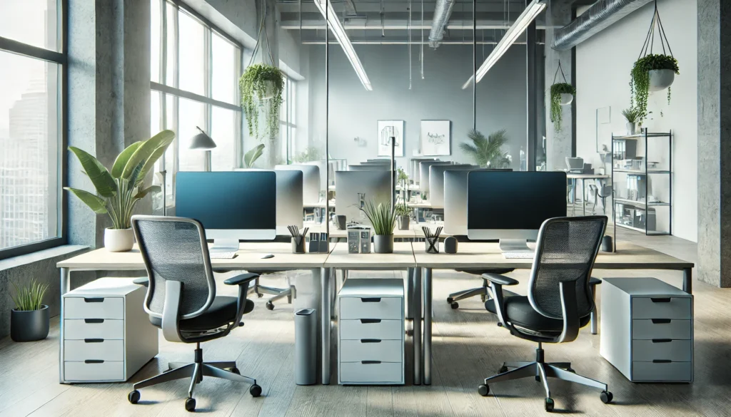 A serene office space featuring individual workstations with ergonomic furniture, dual monitors, and task organizers. The room is bathed in natural light from large windows and decorated with indoor plants for focused productivity.