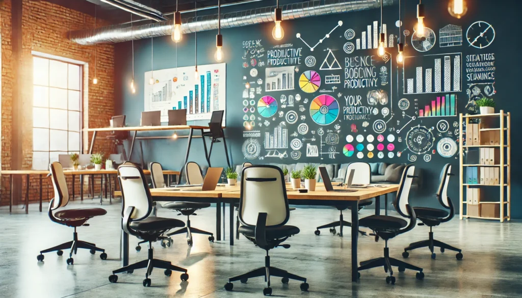 A creative workspace with a large whiteboard displaying colorful diagrams and task plans. The room includes a standing desk, collaborative seating, and soft lighting, encouraging a mix of focus and teamwork.