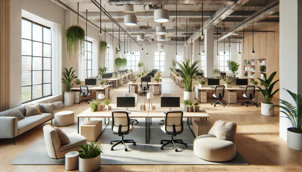 An open-concept office design with clusters of desks, shared meeting spaces, and a relaxation corner. The space features modern furniture, soft neutral tones, indoor greenery, and ample natural light to create a balanced and dynamic work environment.