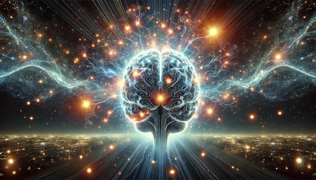 A human brain illuminated with glowing circuits and expanding outward against a cosmic backdrop filled with stars and energy waves, representing infinite intelligence and mental expansion.