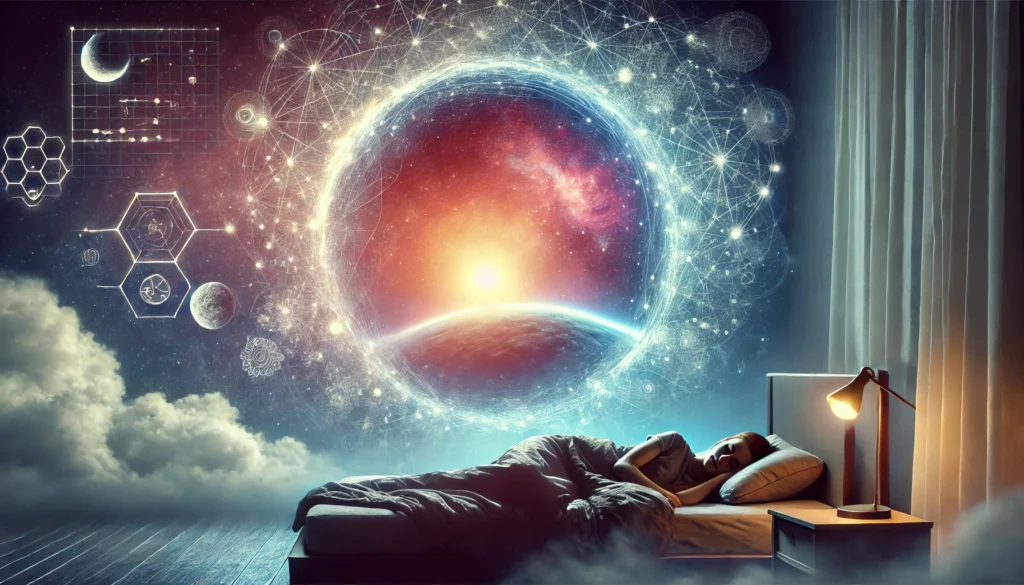 A tranquil bedroom setting with a person sleeping peacefully, surrounded by a soft glow that connects their mind to a vast cosmic landscape. The image represents how deep sleep enhances cognitive function, problem-solving, and mental clarity.