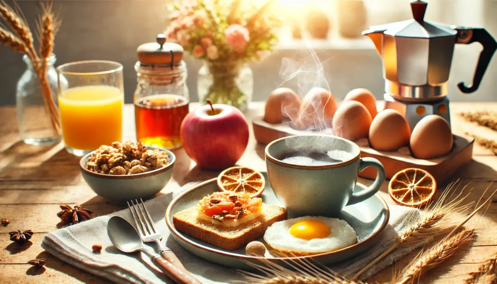 A cozy morning breakfast scene with a steaming cup of coffee and a nutritious meal. The setting is bright and inviting, symbolizing a healthy and energizing start to the day to combat morning fatigue. The warm sunlight enhances the sense of vitality.