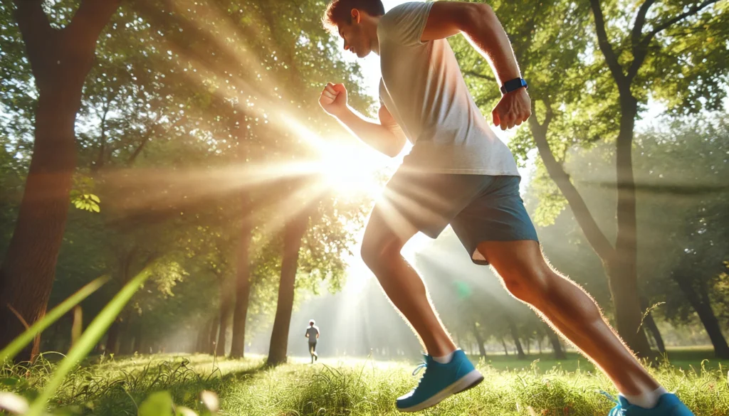 An invigorating morning workout scene in a sunlit park. A person is jogging with a determined and energized expression, symbolizing an active approach to combating morning fatigue. The atmosphere is fresh, with crisp air and gentle sunlight filtering through the trees.