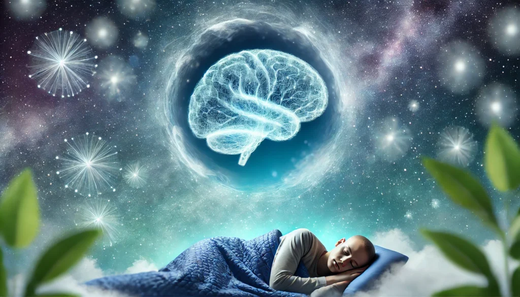 A peaceful depiction of a human brain made of glowing neural pathways, gently illuminated by soft blue light, floating above a sleeping person in a dreamy, cosmic setting. The scene represents melatonin’s role in enhancing brain health and sleep quality.