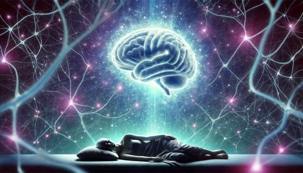 A surreal representation of deep sleep and brain function—an abstract glowing brain floating above a resting person, surrounded by neural pathways illuminated in soft blue and purple hues. The scene conveys the brain’s restoration process during sleep.