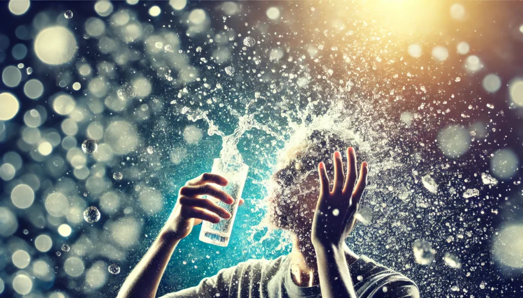 A dynamic scene of a person splashing cold water on their face in the morning, symbolizing an instant boost in energy and alertness. The water droplets are frozen in motion, and the lighting is bright and refreshing, emphasizing revitalization and combating fatigue.