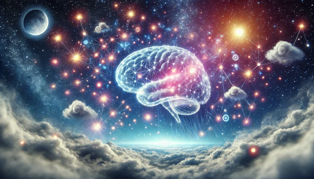 An artistic visualization of sleep’s impact on memory—an ethereal dreamscape where a brain made of glowing stars connects with floating memories. The scene evokes the brain’s process of organizing and strengthening memory during restful sleep.